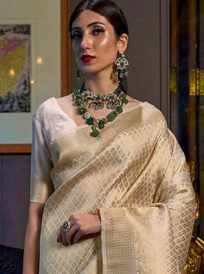 Cream-coloured & gold-toned ethnic motifs zari silk blend kanjeevaram saree 3