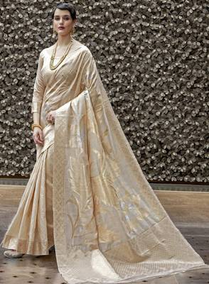 Cream-coloured & gold-toned floral woven design zari banarasi saree 1