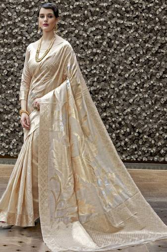 cream floral woven zari banarasi saree