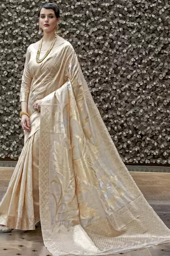 Cream-coloured & gold-toned floral woven design zari banarasi saree