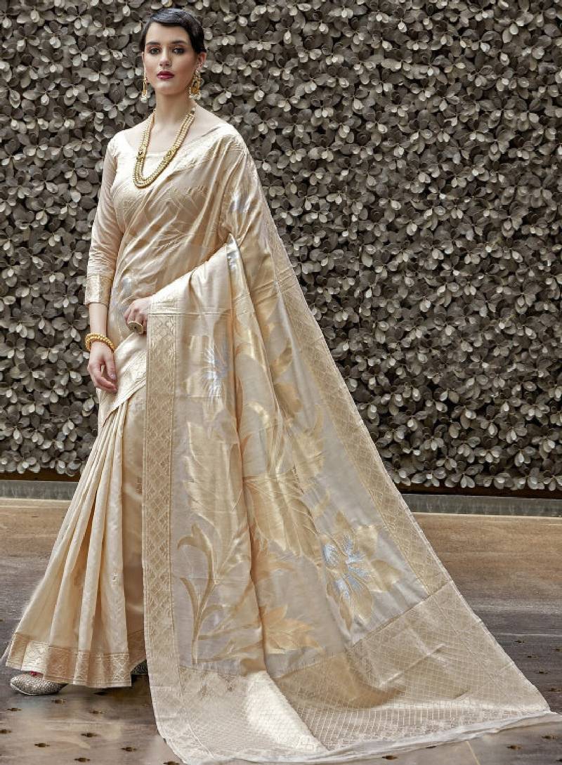 Cream-coloured & gold-toned floral woven design zari banarasi saree