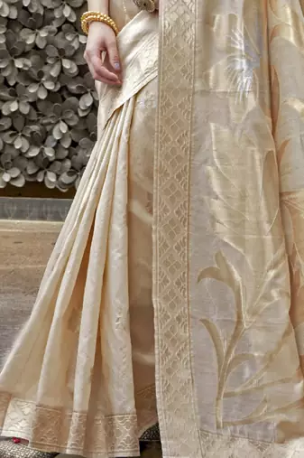 Cream-coloured & gold-toned floral woven design zari banarasi saree