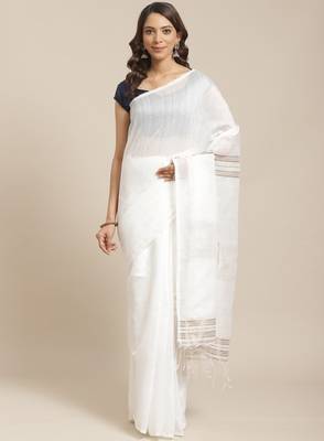 White & golden pure cotton sequinned embellished handloom saree 1