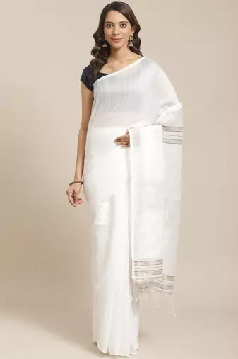 White & golden pure cotton sequinned embellished handloom saree