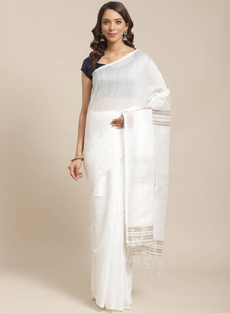 White & golden pure cotton sequinned embellished handloom saree
