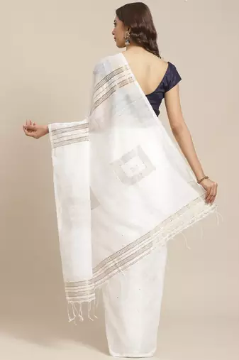 White & golden pure cotton sequinned embellished handloom saree