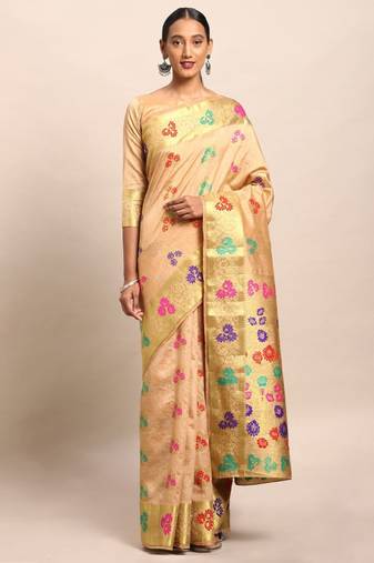 beige pink woven design art silk dharmavaram saree