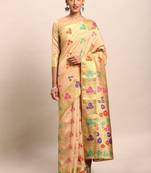 Beige & pink art silk woven design dharmavaram saree