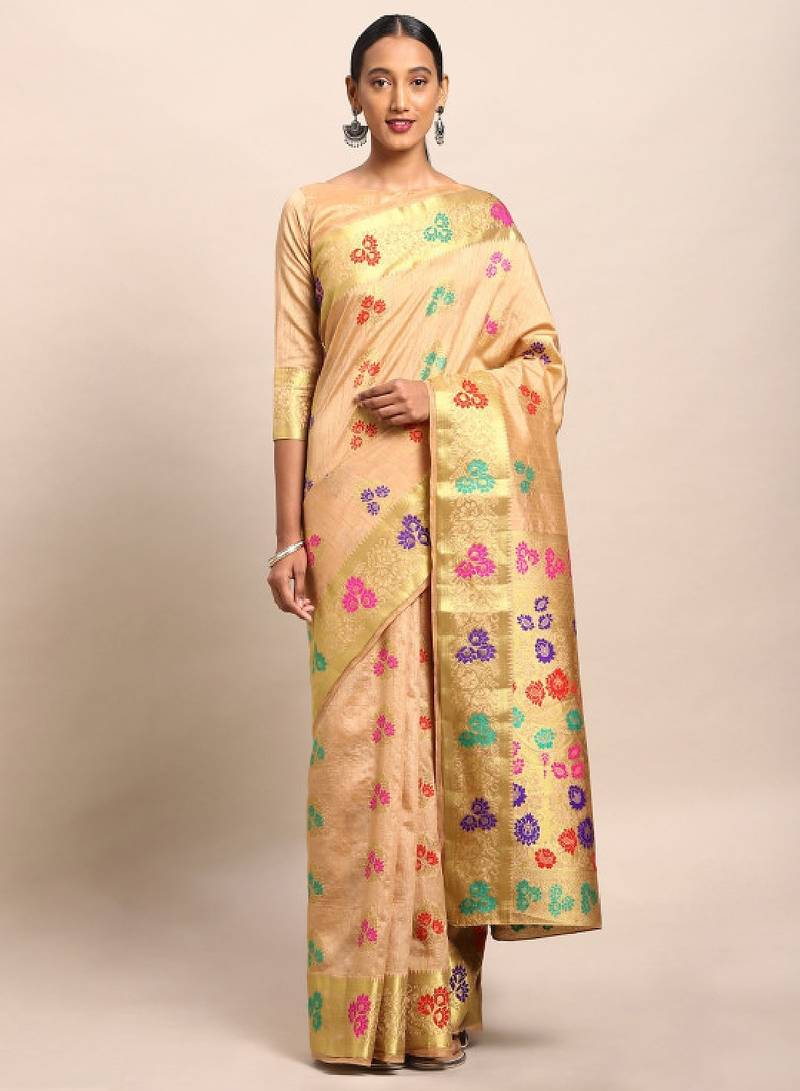 Beige & pink art silk woven design dharmavaram saree
