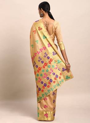 Beige & pink art silk woven design dharmavaram saree 2