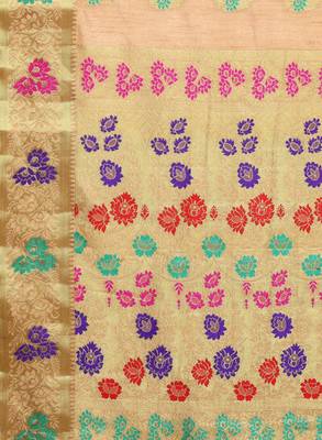 Beige & pink art silk woven design dharmavaram saree 4