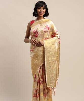 Cream-coloured & pink silk blend woven design banarasi saree 1