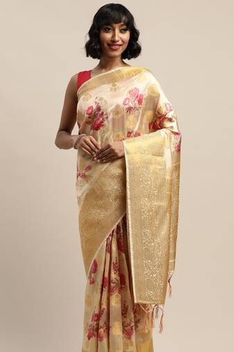cream woven silk blend banarasi saree