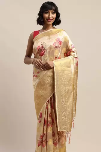 Cream-coloured & pink silk blend woven design banarasi saree