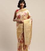Cream-coloured & pink silk blend woven design banarasi saree