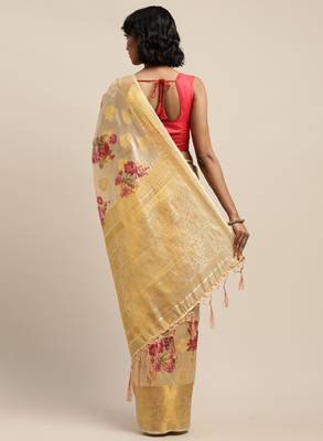Cream-coloured & pink silk blend woven design banarasi saree 2