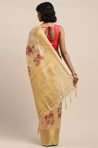 Cream-coloured & pink silk blend woven design banarasi saree