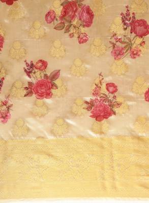 Cream-coloured & pink silk blend woven design banarasi saree 3