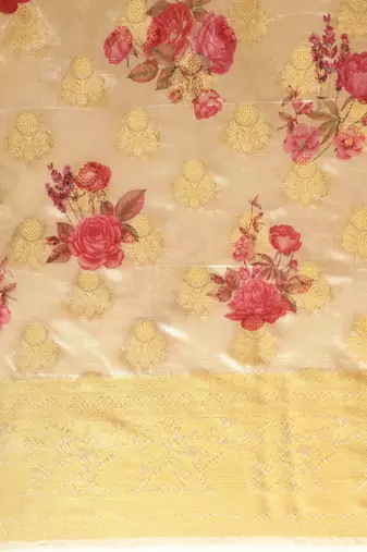 Cream-coloured & pink silk blend woven design banarasi saree