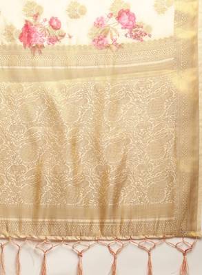 Cream-coloured & pink silk blend woven design banarasi saree 4