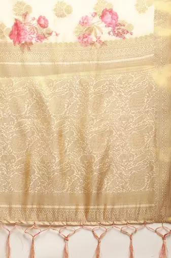 Cream-coloured & pink silk blend woven design banarasi saree
