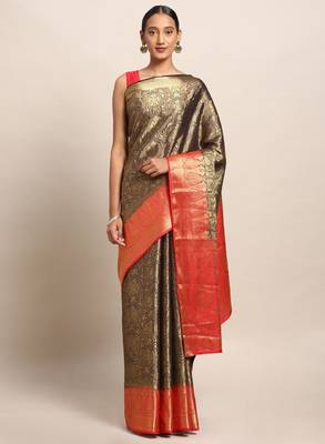 Gold-toned & orange art silk woven design kanjeevaram saree 1