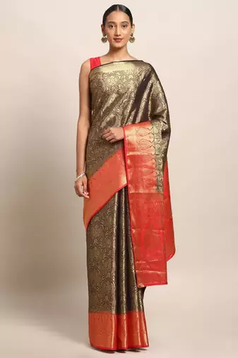 gold-toned orange woven design art silk kanjeevaram saree