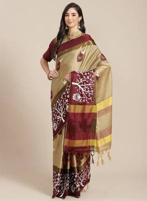 Cream-coloured & burgundy ethnic motifs silk cotton saree 1