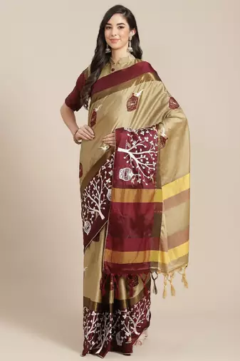 Cream-coloured & burgundy ethnic motifs silk cotton saree