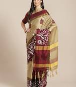 Cream-coloured & burgundy ethnic motifs silk cotton saree