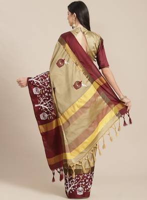 Cream-coloured & burgundy ethnic motifs silk cotton saree 2