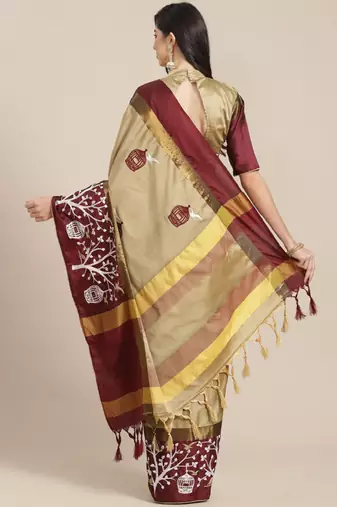 Cream-coloured & burgundy ethnic motifs silk cotton saree
