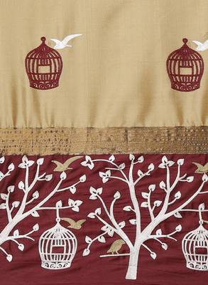 Cream-coloured & burgundy ethnic motifs silk cotton saree 3