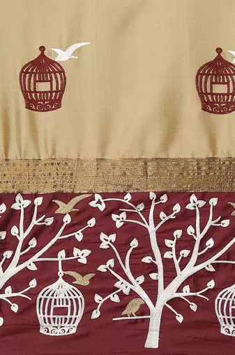 Cream-coloured & burgundy ethnic motifs silk cotton saree