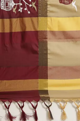 Cream-coloured & burgundy ethnic motifs silk cotton saree