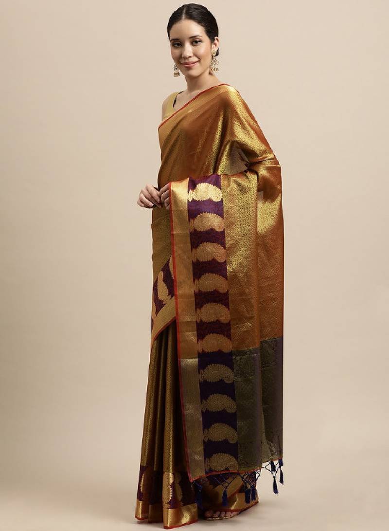 Gold-toned & red ethnic motifs art silk kanjeevaram saree