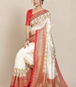 Off white & orange floral silk blend ethnic printed banarasi saree