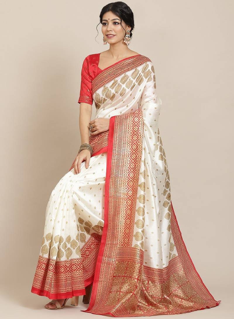 Off white & orange floral silk blend ethnic printed banarasi saree