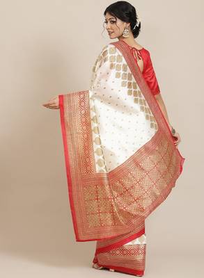 Off white & orange floral silk blend ethnic printed banarasi saree 2