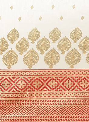 Off white & orange floral silk blend ethnic printed banarasi saree 3