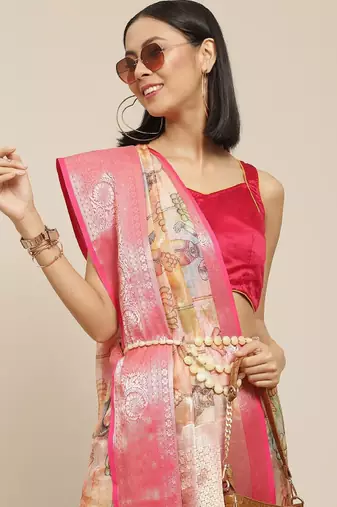 Ethnic motifs kanjeevaram silk woven with digital print saree