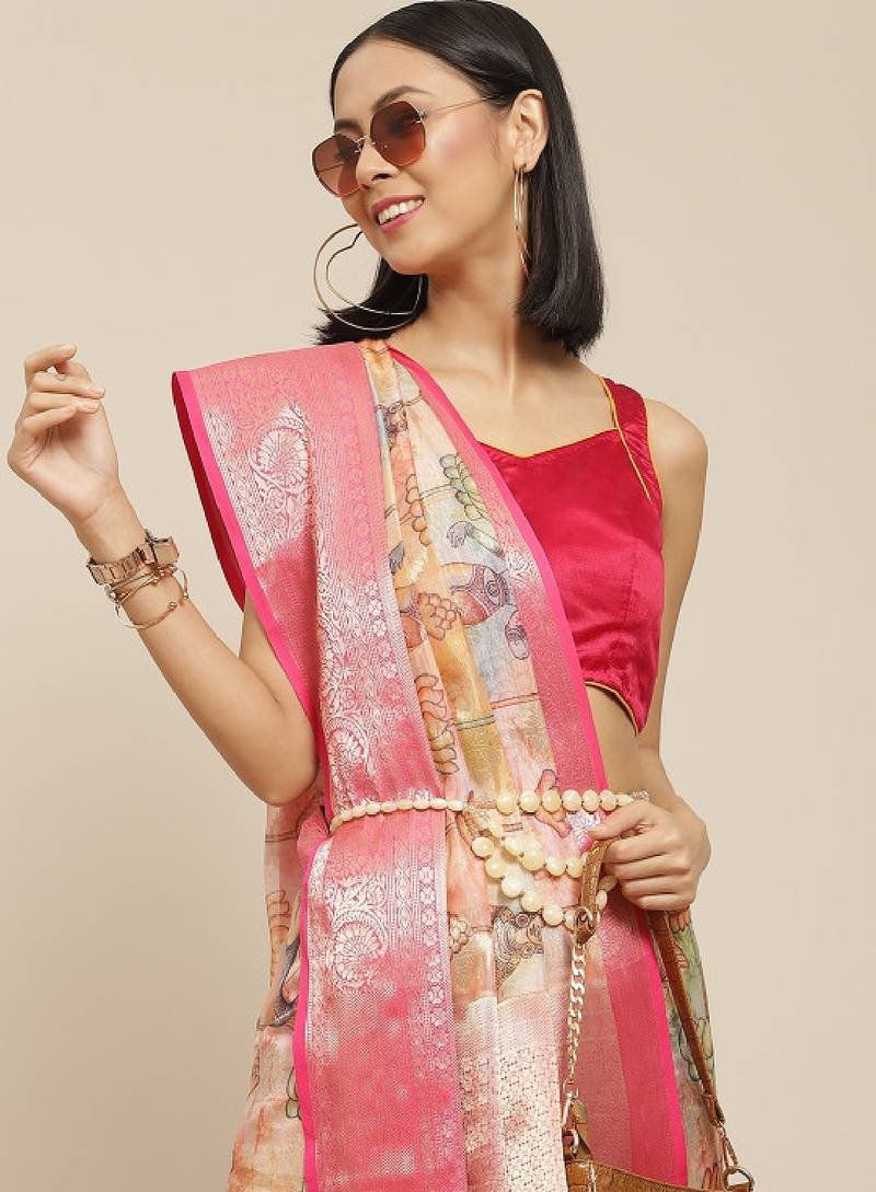 Ethnic motifs kanjeevaram silk woven with digital print saree
