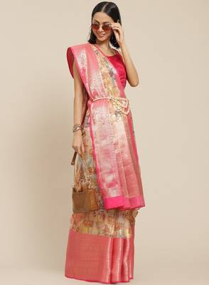 Ethnic motifs kanjeevaram silk woven with digital print saree 2