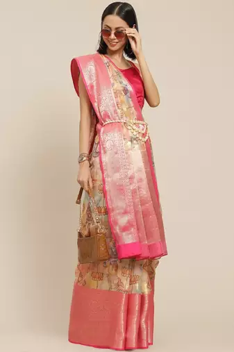 Ethnic motifs kanjeevaram silk woven with digital print saree