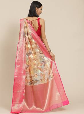 Ethnic motifs kanjeevaram silk woven with digital print saree 3