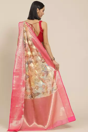 Ethnic motifs kanjeevaram silk woven with digital print saree