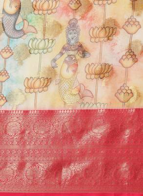 Ethnic motifs kanjeevaram silk woven with digital print saree 4