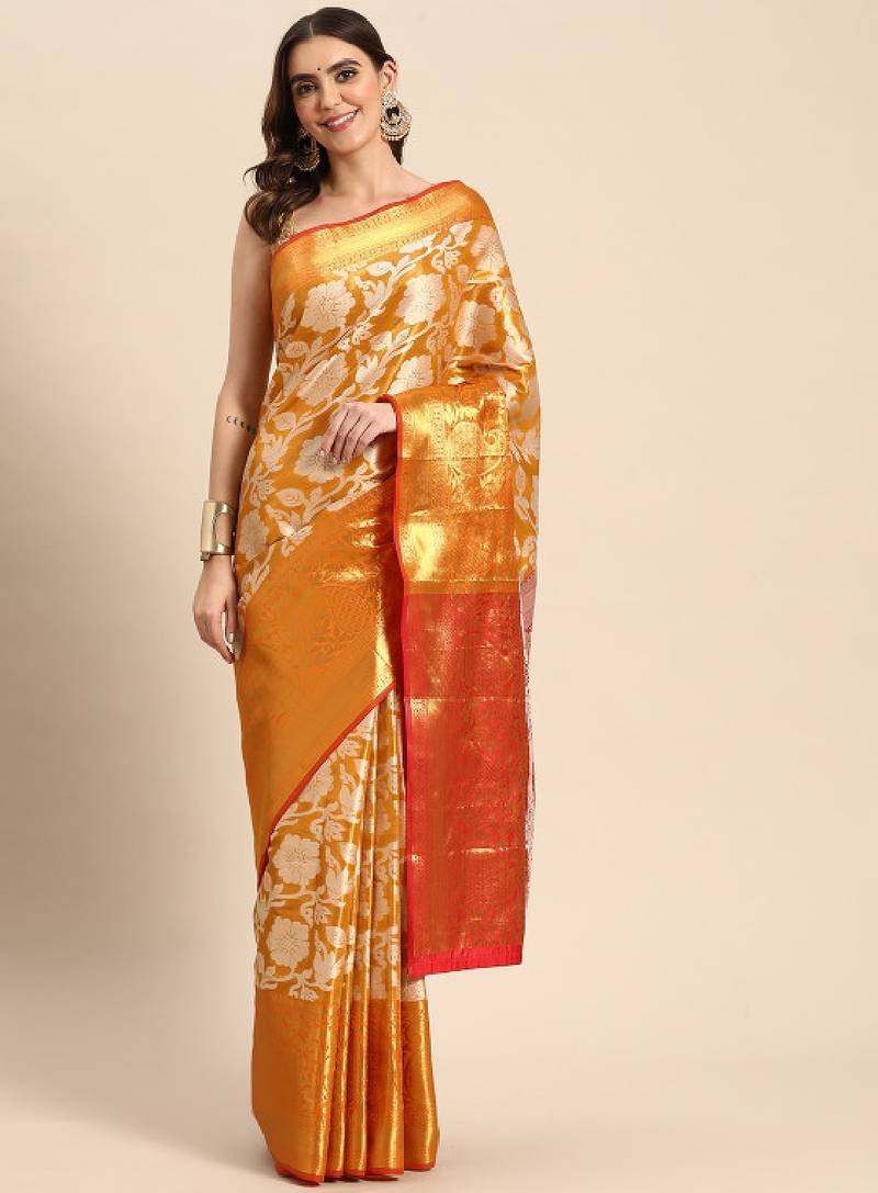 Gold-toned & white floral zari tissue heavy work kanjeevaram saree