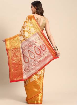 Gold-toned & white floral zari tissue heavy work kanjeevaram saree 2