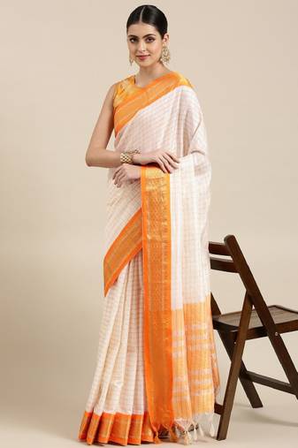white orange silk cotton saree with zari checks